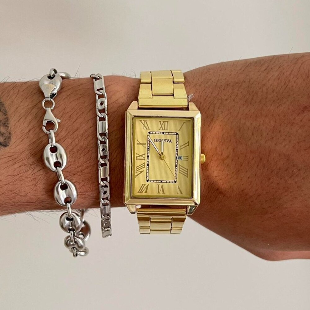 2000s vintage style square stainless steel geneva gold luxury watch